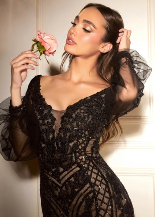 Model wearing a black dress
