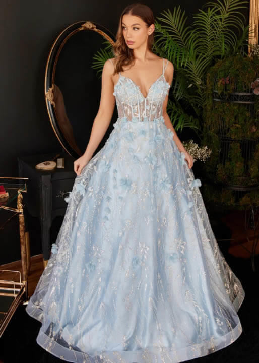 Model wearing a light-blue prom dress